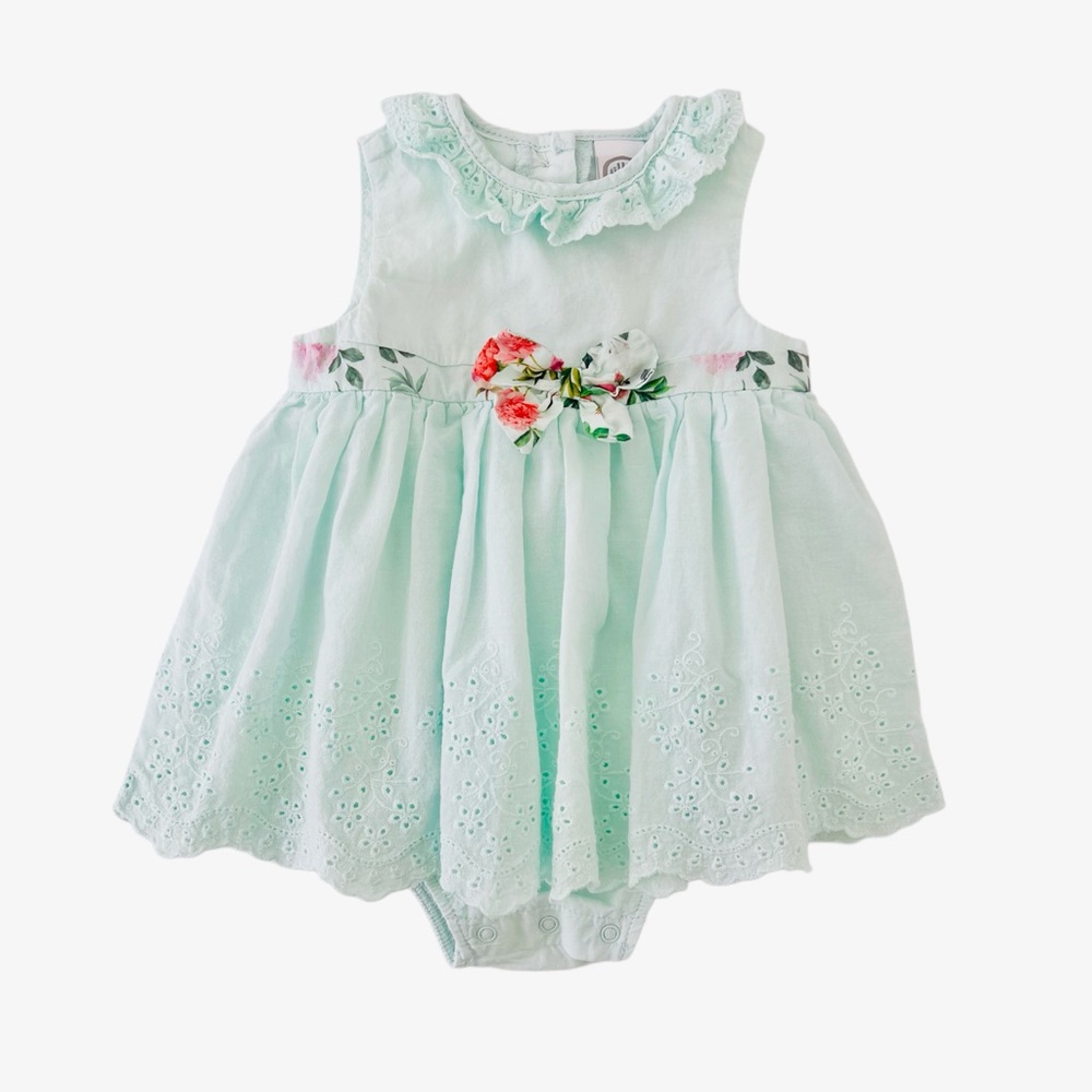 Little Me Mint Green Floral Sleeveless Eyelet Bodysuit Dress | Baby Girl 6 Month